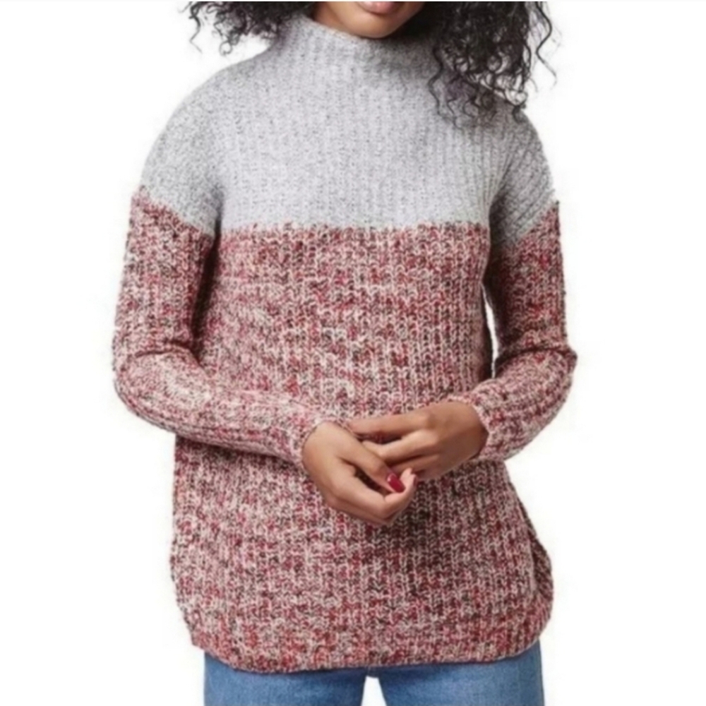 Topshop Gray & Red Color Block Mock Neck Chunky Knit Sweater